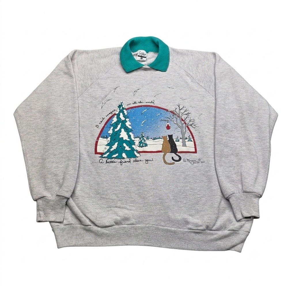 Vintage Gopher Sport Sweatshirt XL Grey Cat Winter Snow Art Collared Made In USA